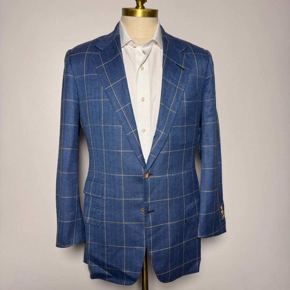 Edgar Pomeroy Sport Coat Mens 38R Blue Windowpane Herringbone Handmade Bespoke
